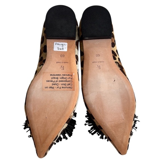 Frances Valentine Leopard Print Pointed Toe Flats with Black Beaded Pom - Picture 8 of 9